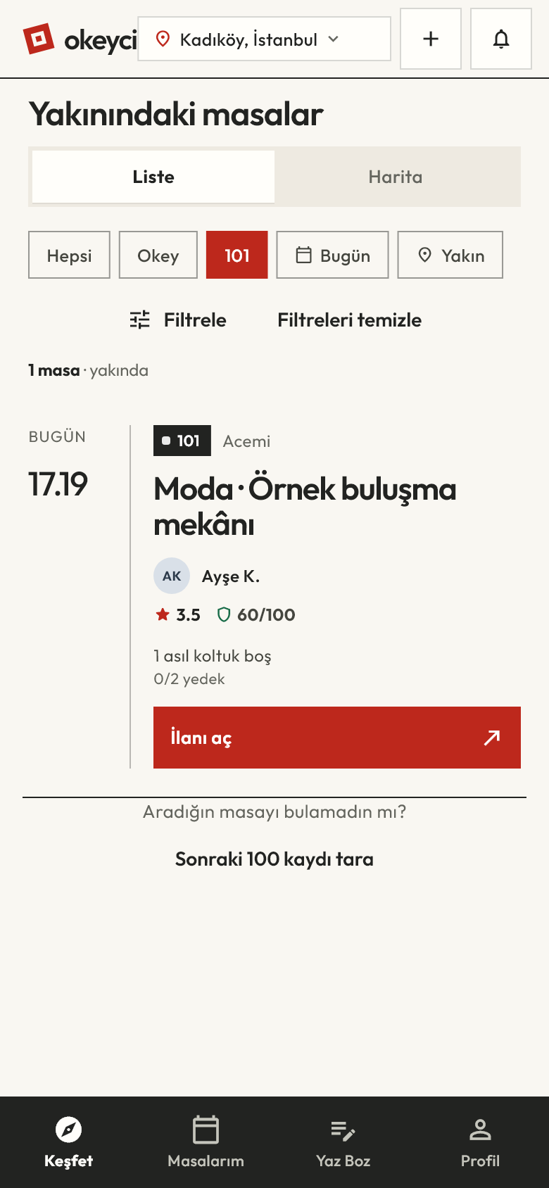 Keşfet ekranı: 101 filtresi, örnek masa ilanı, bir boş asıl koltuk ve ayrı yedek kontenjanı.