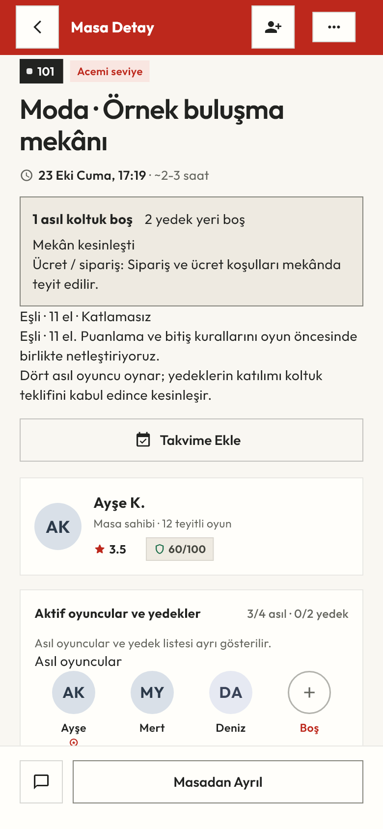 Masa detayı ekranı: örnek oyuncular, oyun kuralları ve asıl ile yedek koltukların ayrı gösterimi.